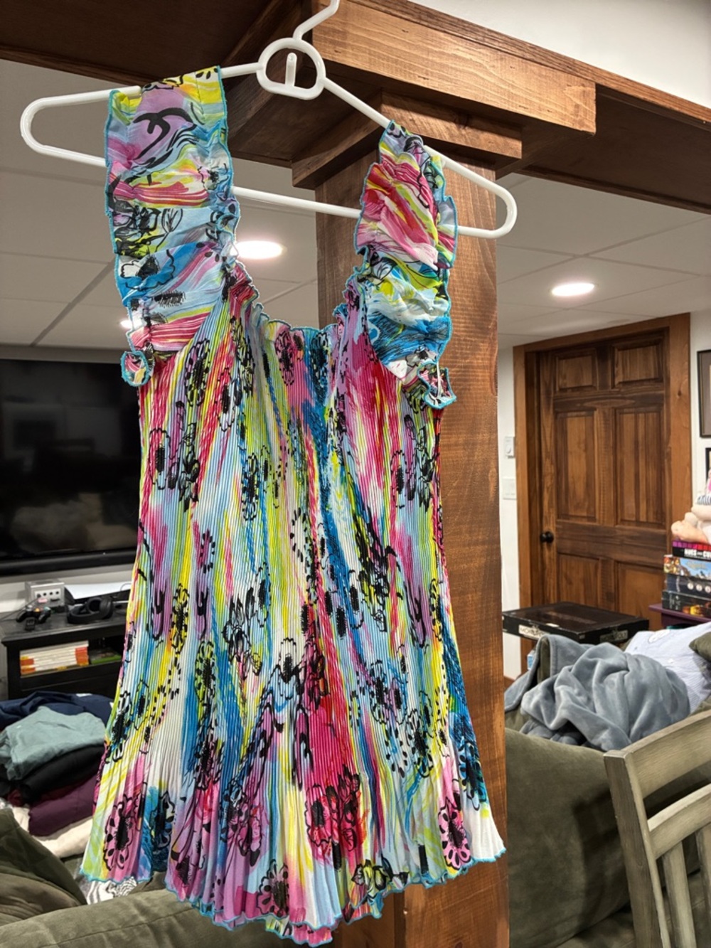 Colorful Pleated Ruffle Strap Mini Dress - Multicolor